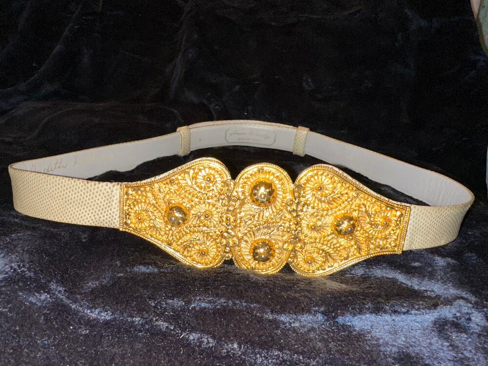 RARE VINTAGE 70's/80's JUDITH LEIBER AMEN WARDY STATEMENT BUCKLE LIZARD BELT